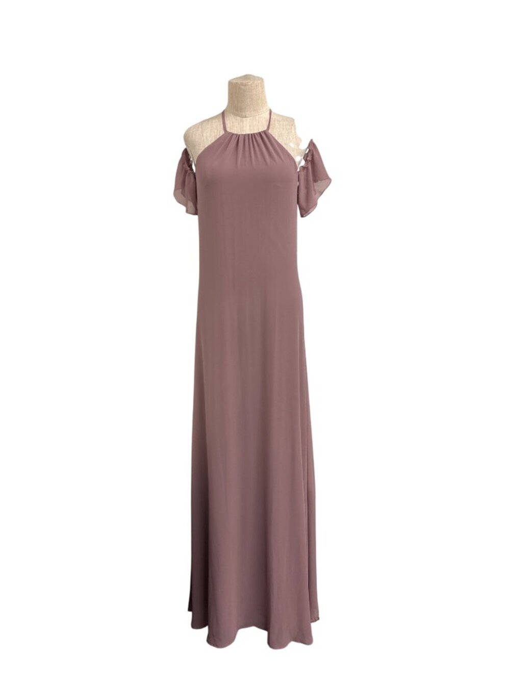 Nouvelle Amsale Dusty Mauve Halter Maxi Dress With Ruffled Cold-Shoulder Sleeves